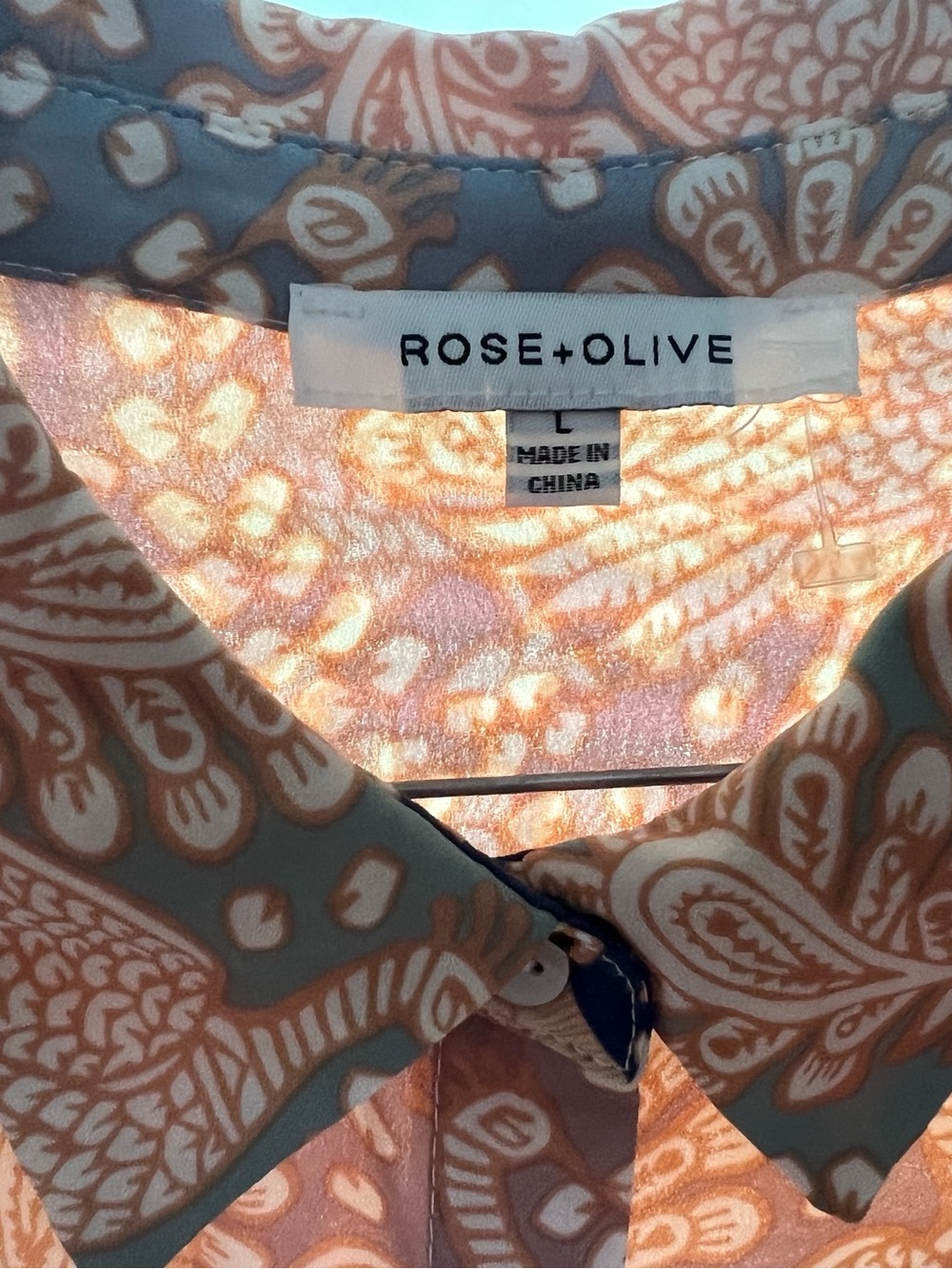 Rose & Olive Peach and Sage Paisley Button-Up Blouse Size L EUC